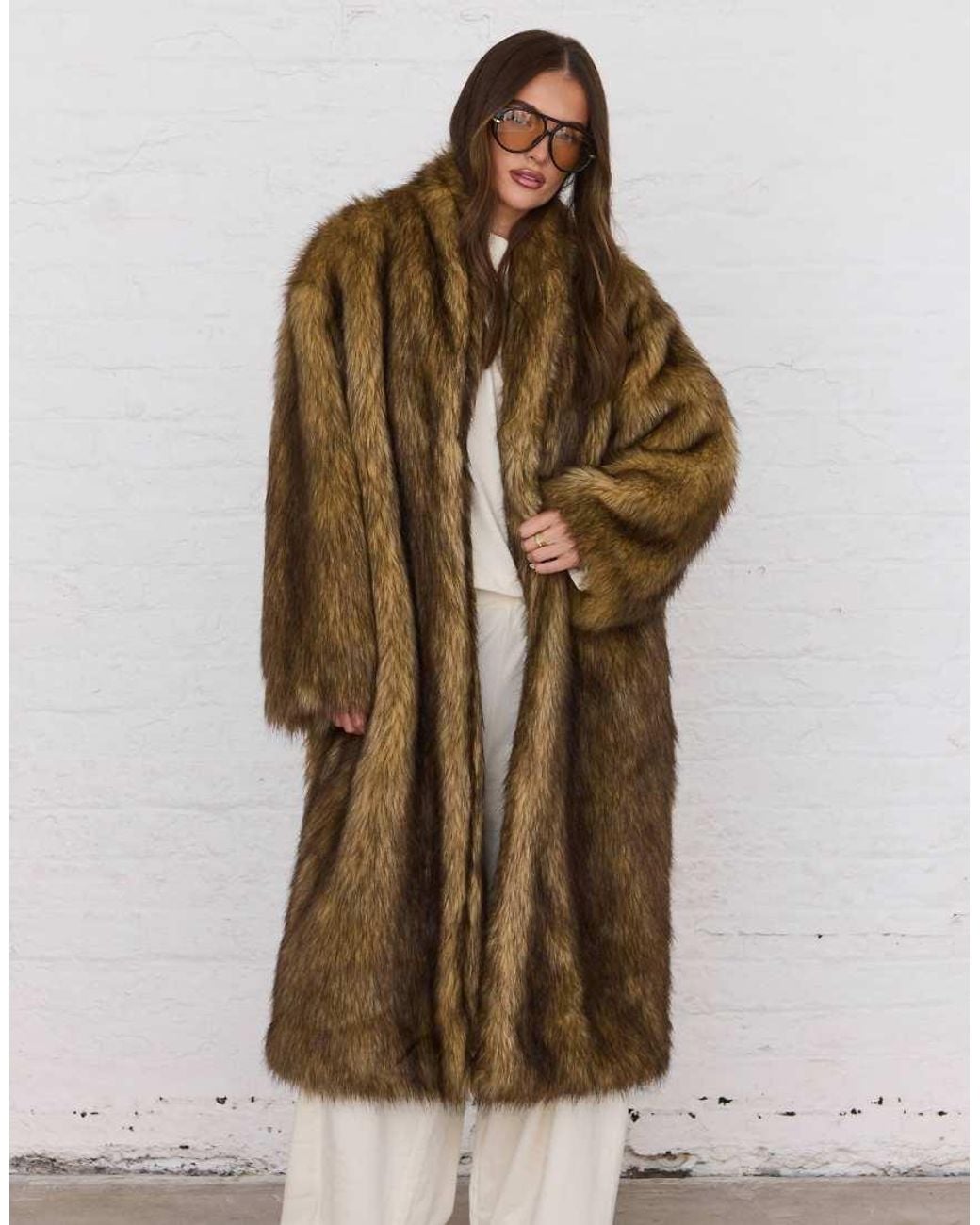 Aria Cove Brown Faux Fur Collarless Oversized Longline Coat