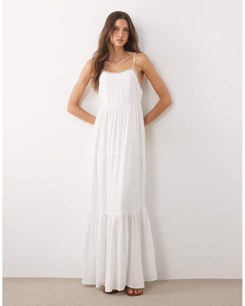 Mango White Teen Tiered Strappy Maxi Dress With Embellished Trim