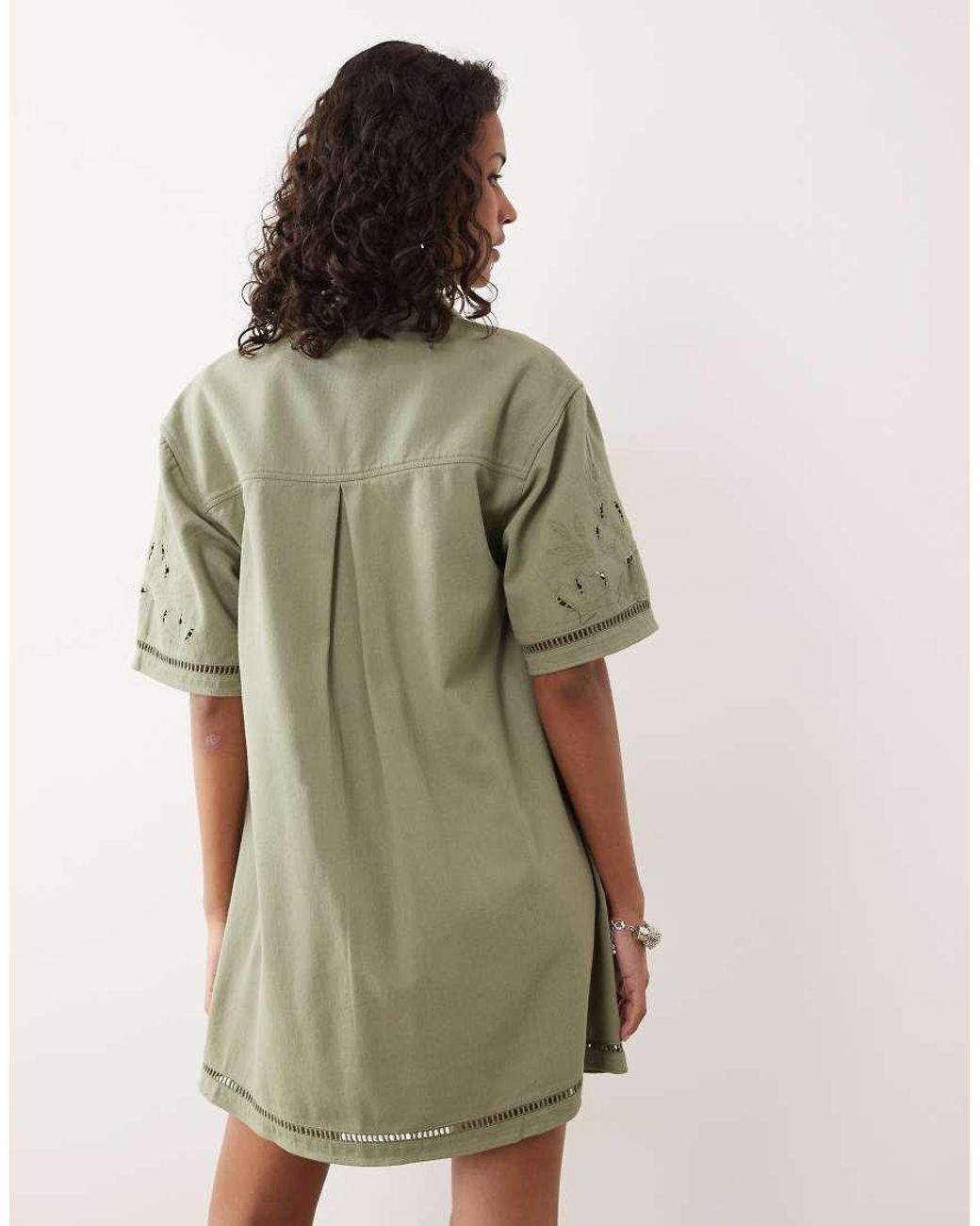 ASOS Green Denim Boxy Shirt Mini Dress With Ladder Trim Detail