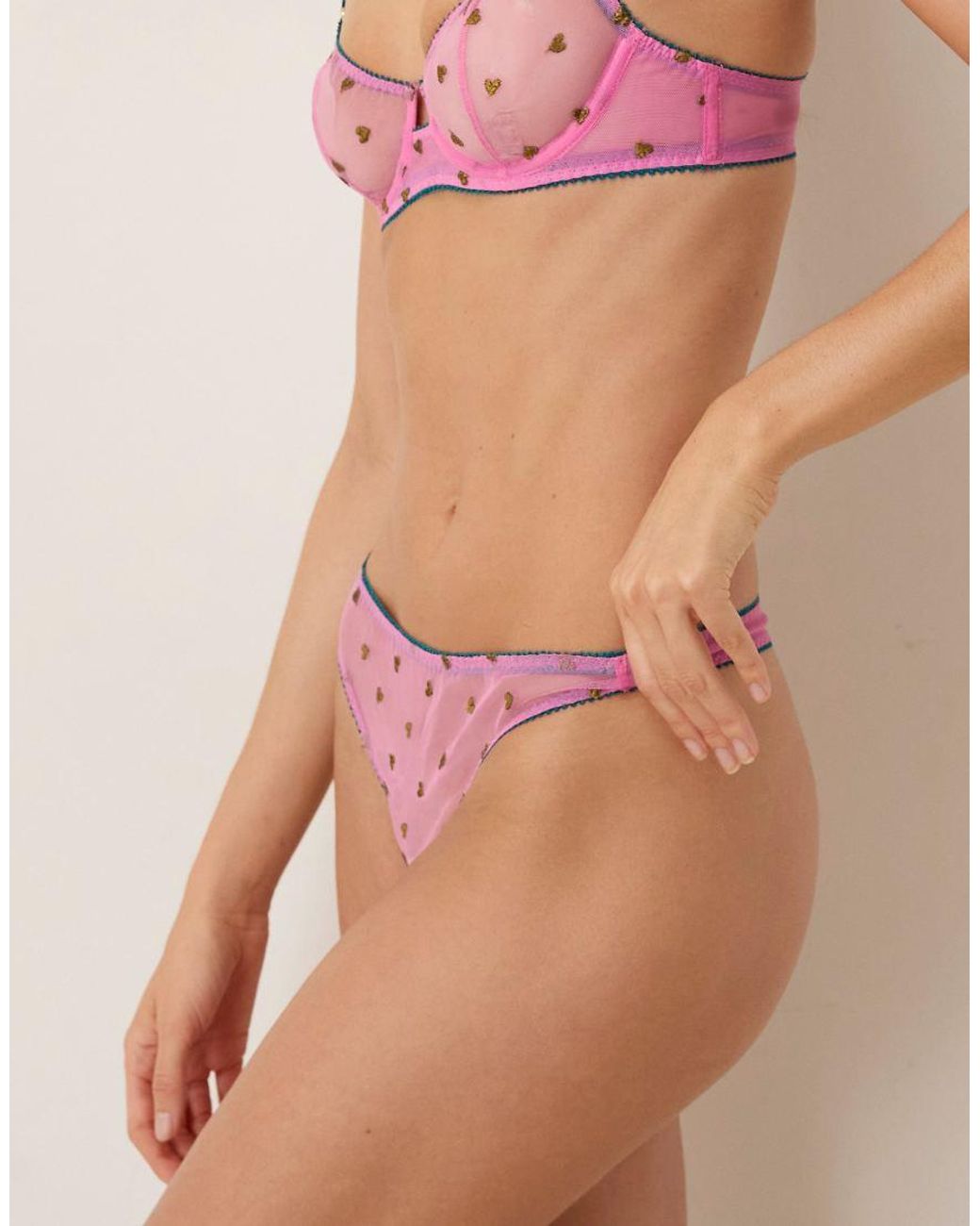 Dora Larsen Pink Elfie Tulle Heart Embroidered Thong