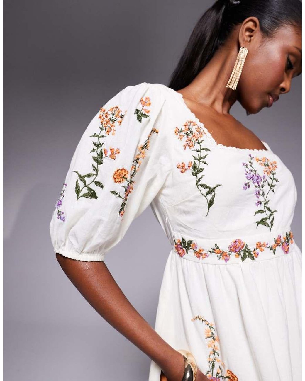 River Island Linen Embroidered Mini Dress in White | Lyst UK