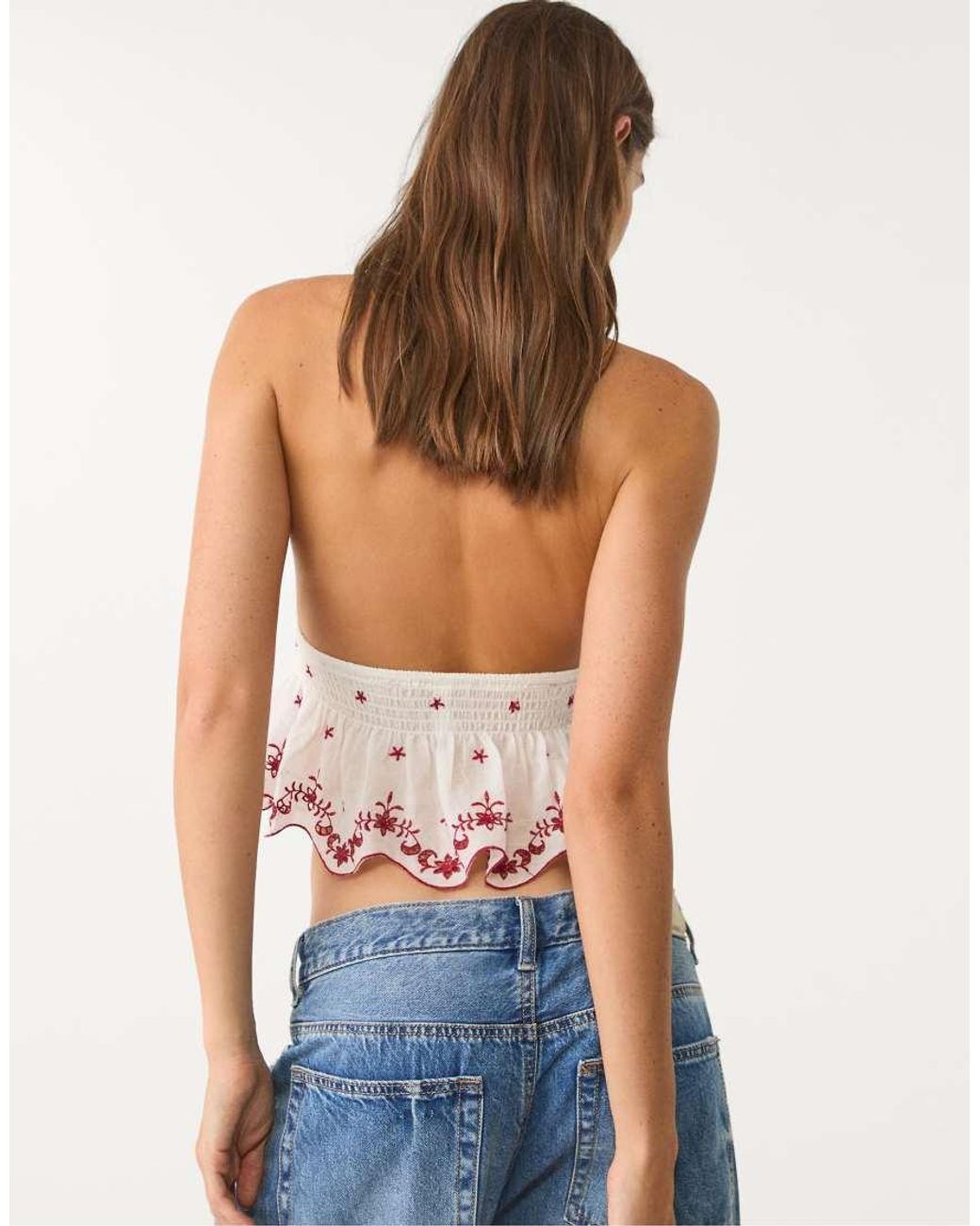 Stradivarius Blue Halter Top With Contrast Embroidery