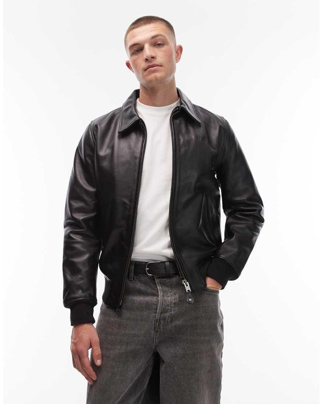 Schott Nyc Black Premium Real Leather Collar Detail Bomber Jacket for men