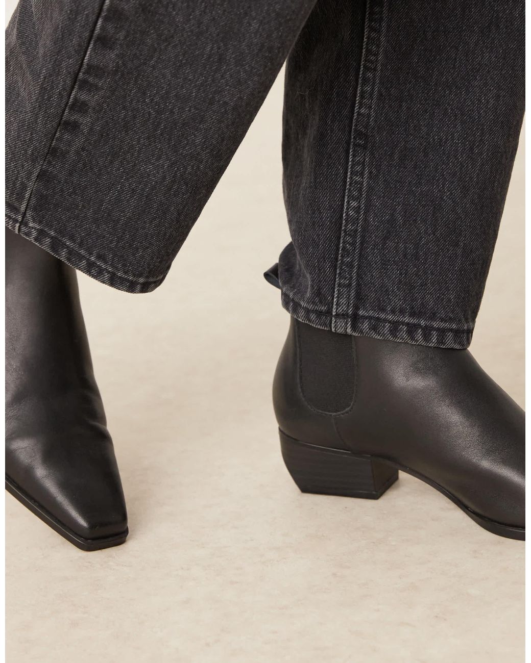 Mango Black Leather Square Toe Low Heeled Ankle Boot