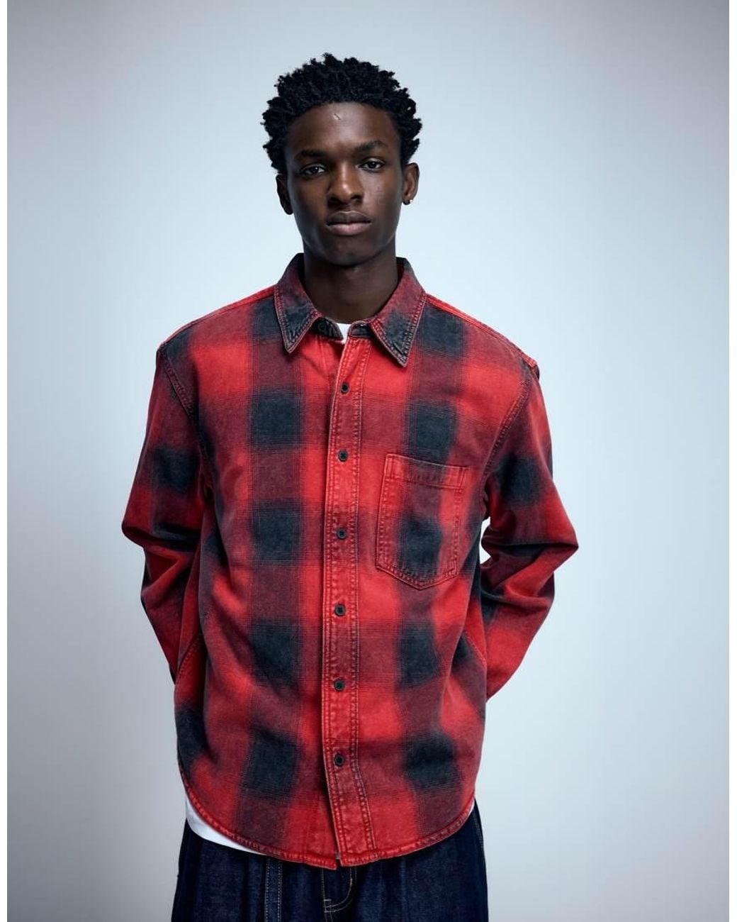 Pull&Bear Red Check Long Sleeve Overshirt for men