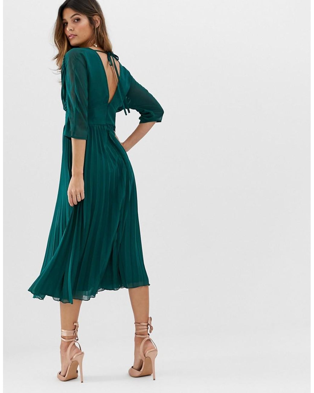 Vestito midi plissettato con maniche ad ali di pipistrello di ASOS in Verde  | Lyst