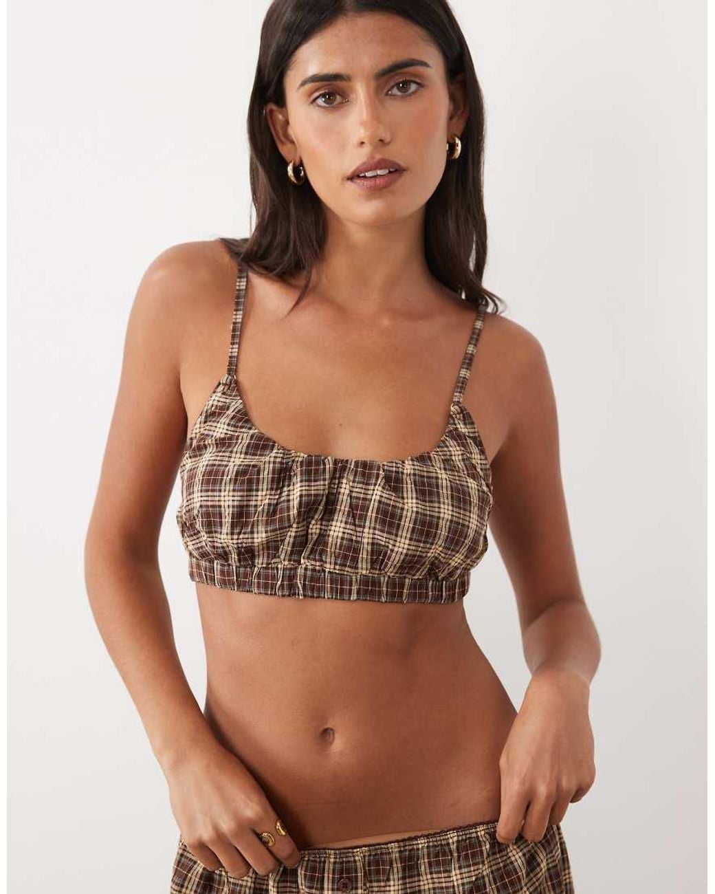 ASOS Brown Woven Check Crop And Wide Leg Trouser Pyjama Set With Lace Trim