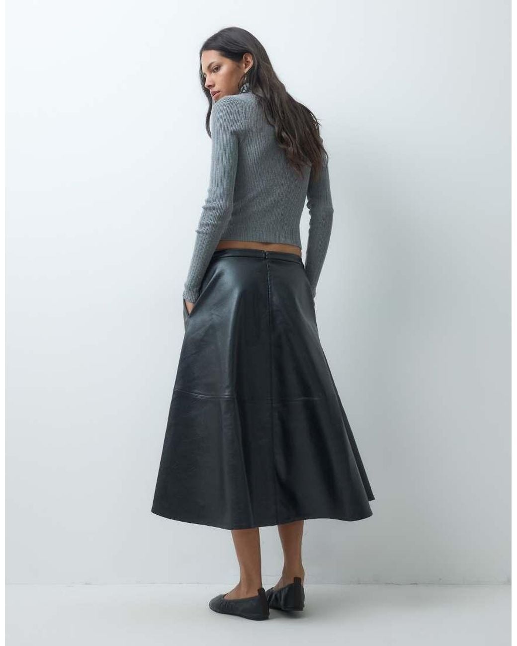 Jdy Blue Faux Leather A-Line Midi Skirt