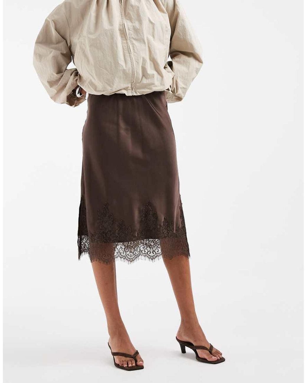 Pieces Natural Satin Knee Length Skirt With Lace Trim