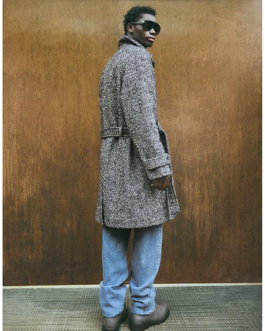 Bershka Green Felt-effect Herringbone Coat With Belt for men