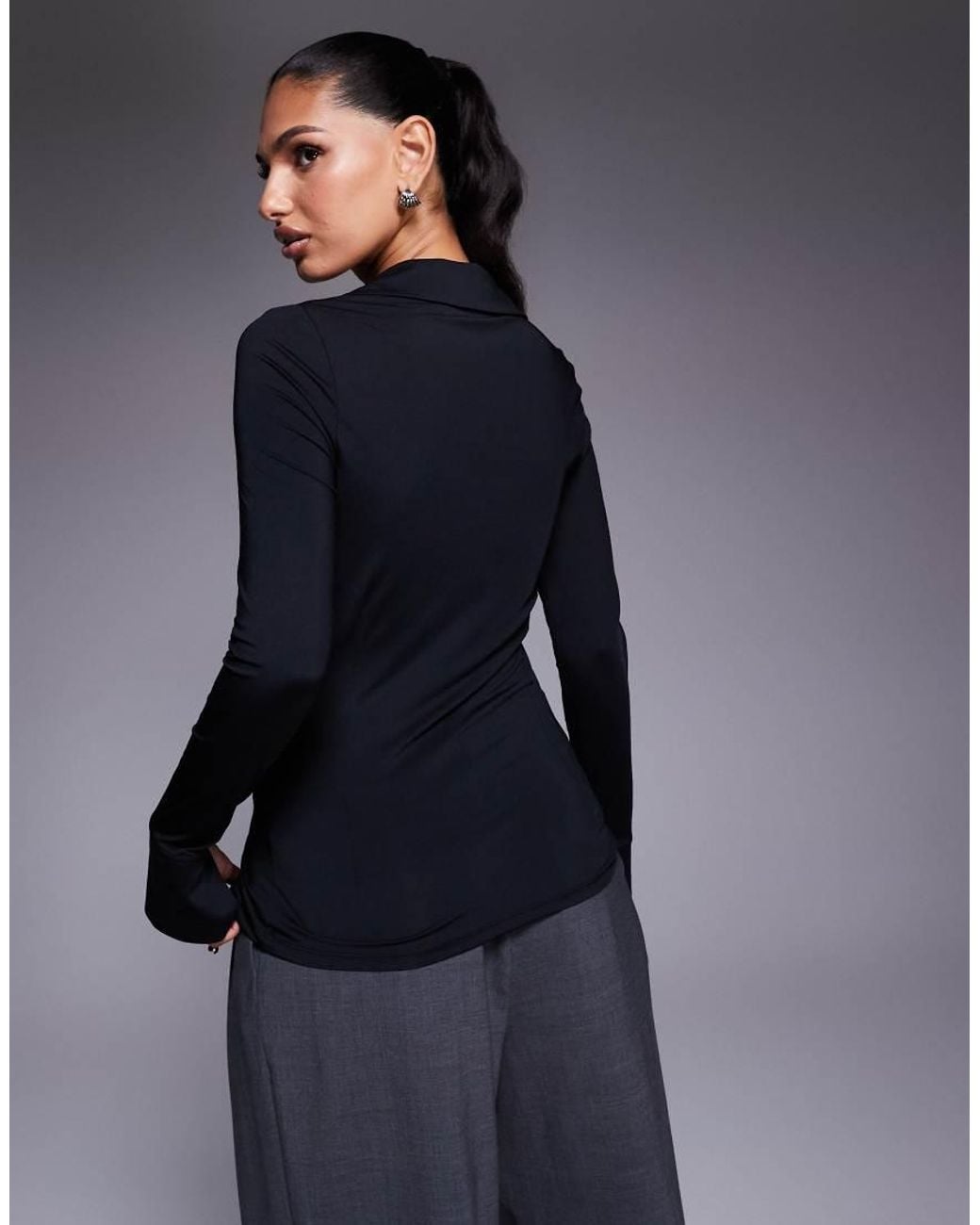 ASOS Blue Slinky Ruched Hook And Eye Longline Top