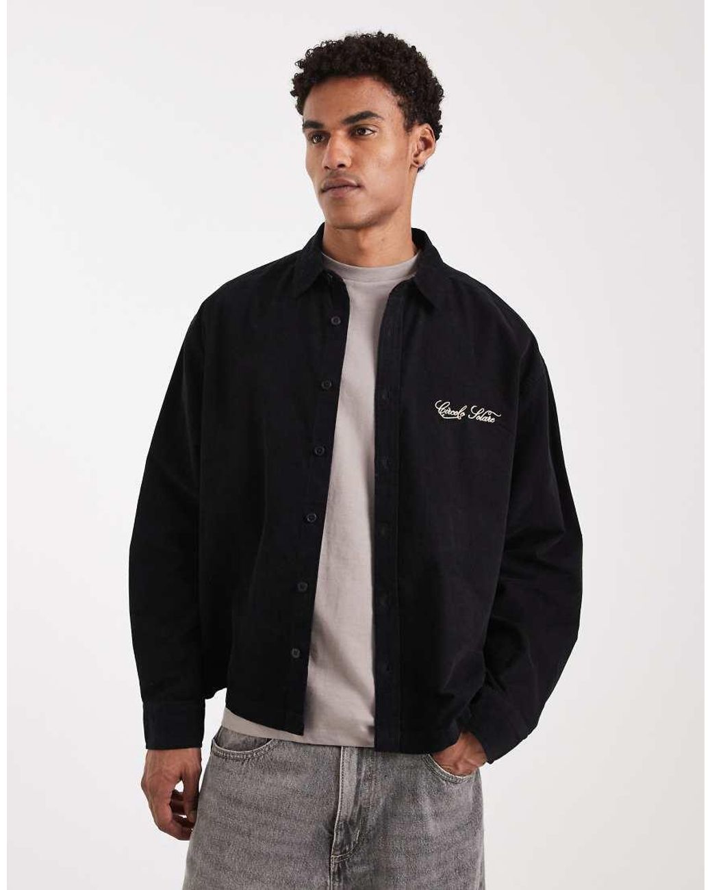 ASOS Black Boxy Oversized Corduroy Shirt With Back Embroidery for men