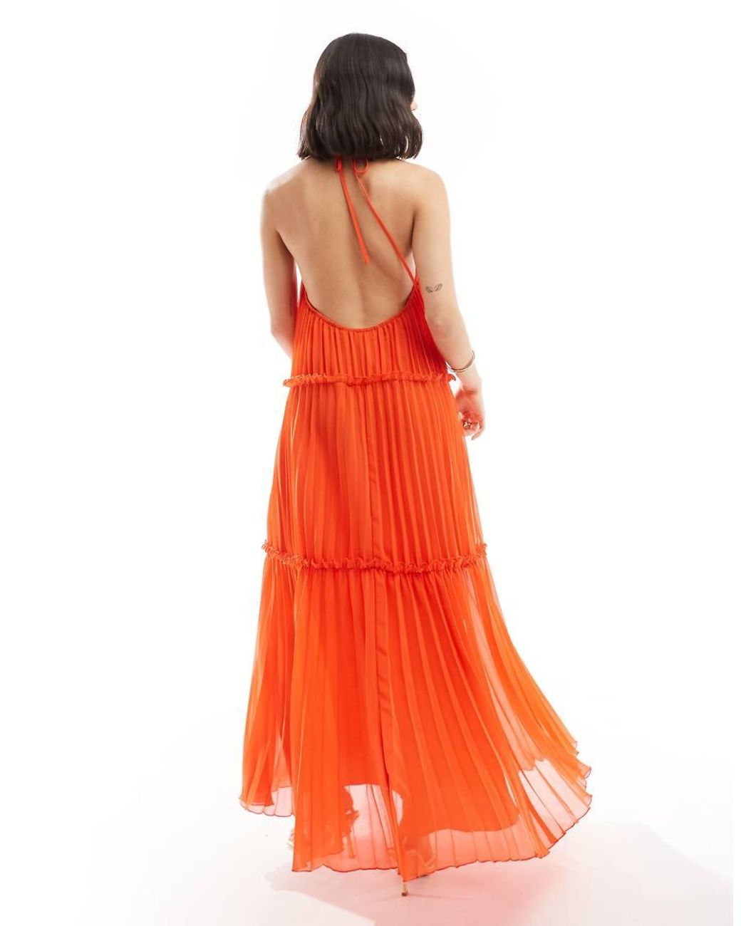 ASOS Halter Neck Pleat Frill Maxi Dress in Orange | Lyst UK