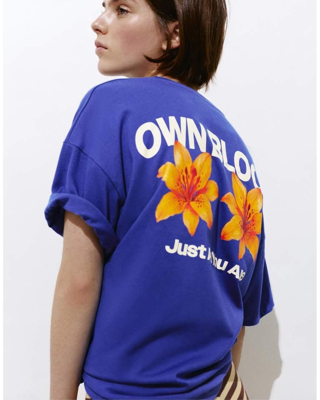 Pull&Bear Blue Oversize T-Shirt With Floral Graphic