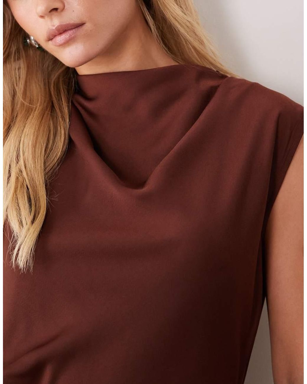 ASOS Brown Asos Design Petite Satin High Neck Pleated Bodice Midi Dress
