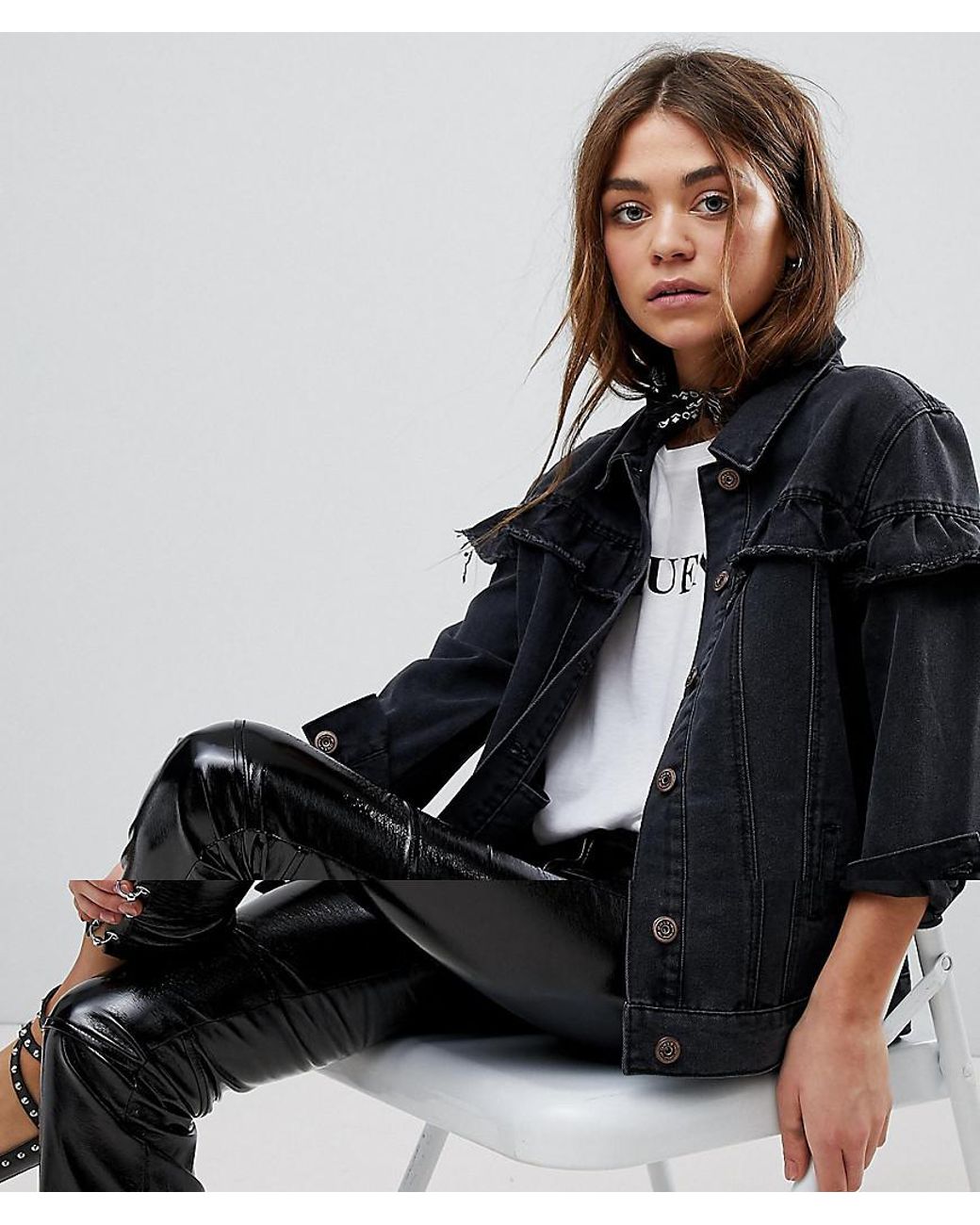 ONLY Ruffle Detail Denim Jacket in 