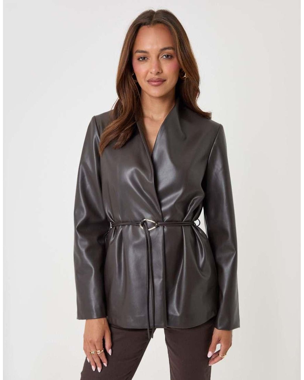 Threadbare Brown Faux Leather Belted Blazer