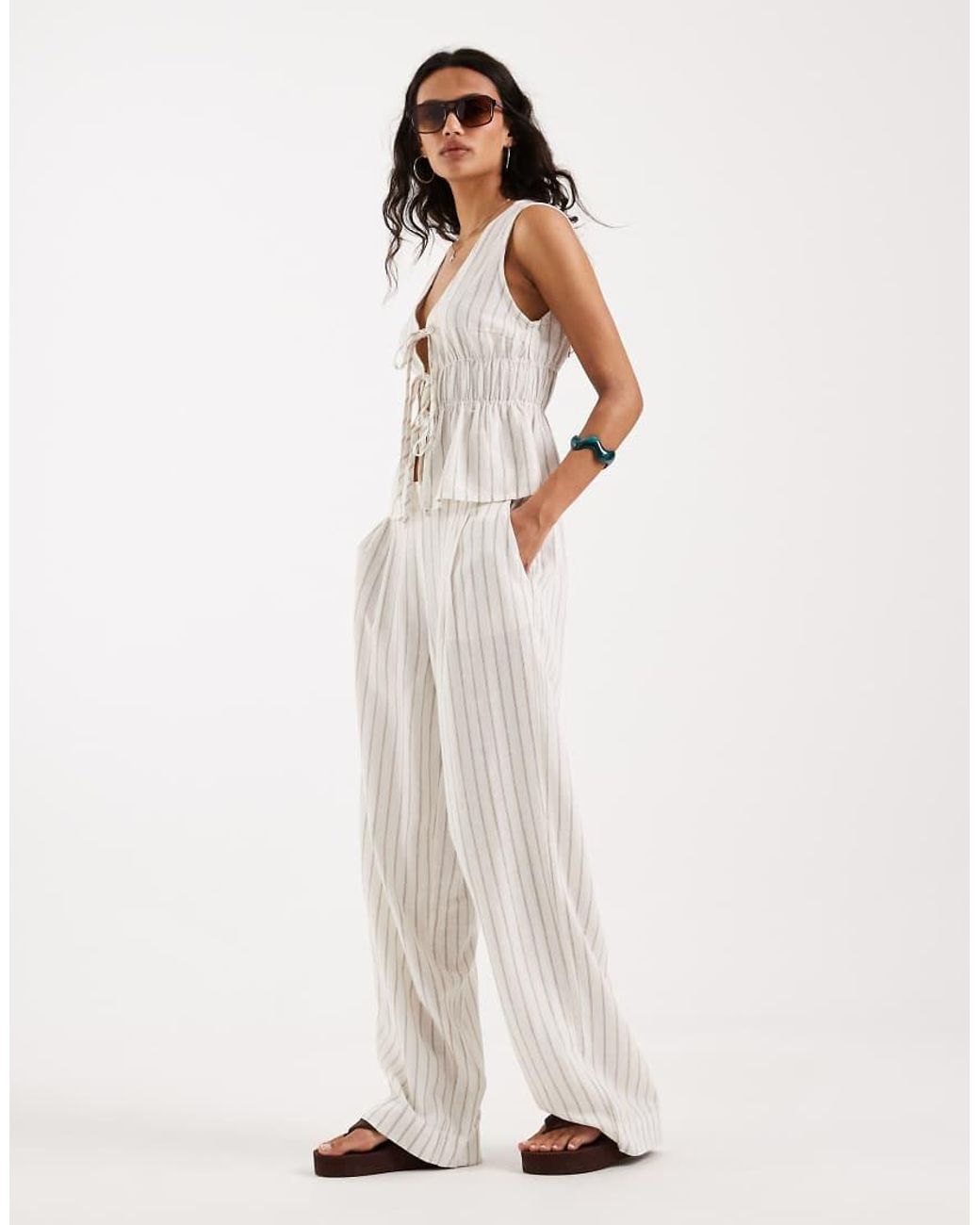 JJXX White Linen Blend Tie Up Front Top