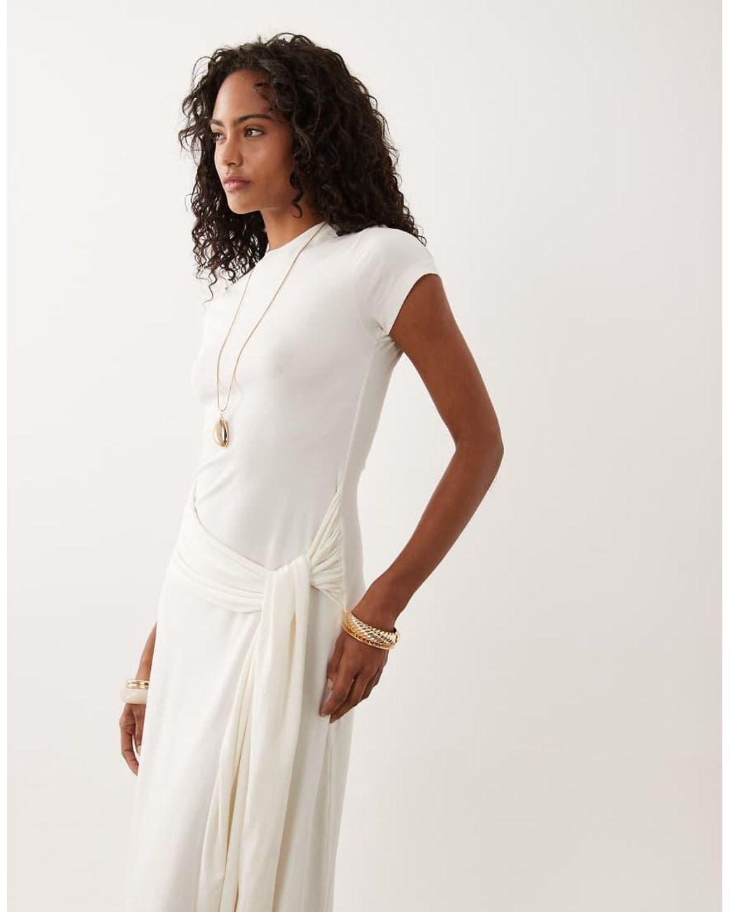 ASOS Natural Short Sleeve Midi Dress With Tie Waist