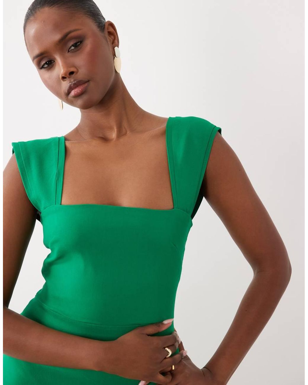 Vesper Green Bengaline Square Neck Thigh Split Midi Dress