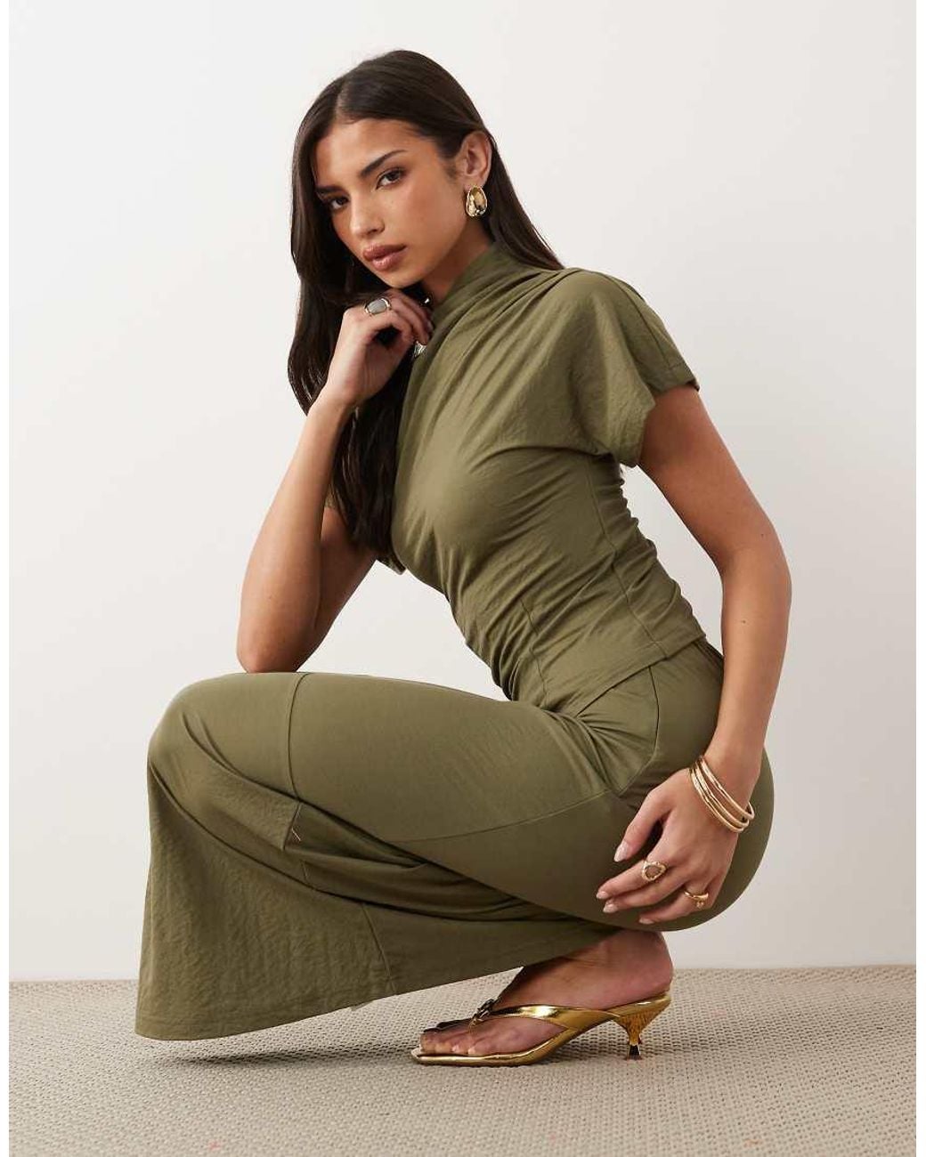 ASOS Green Co-ord Linen Look Drape High Neck Top