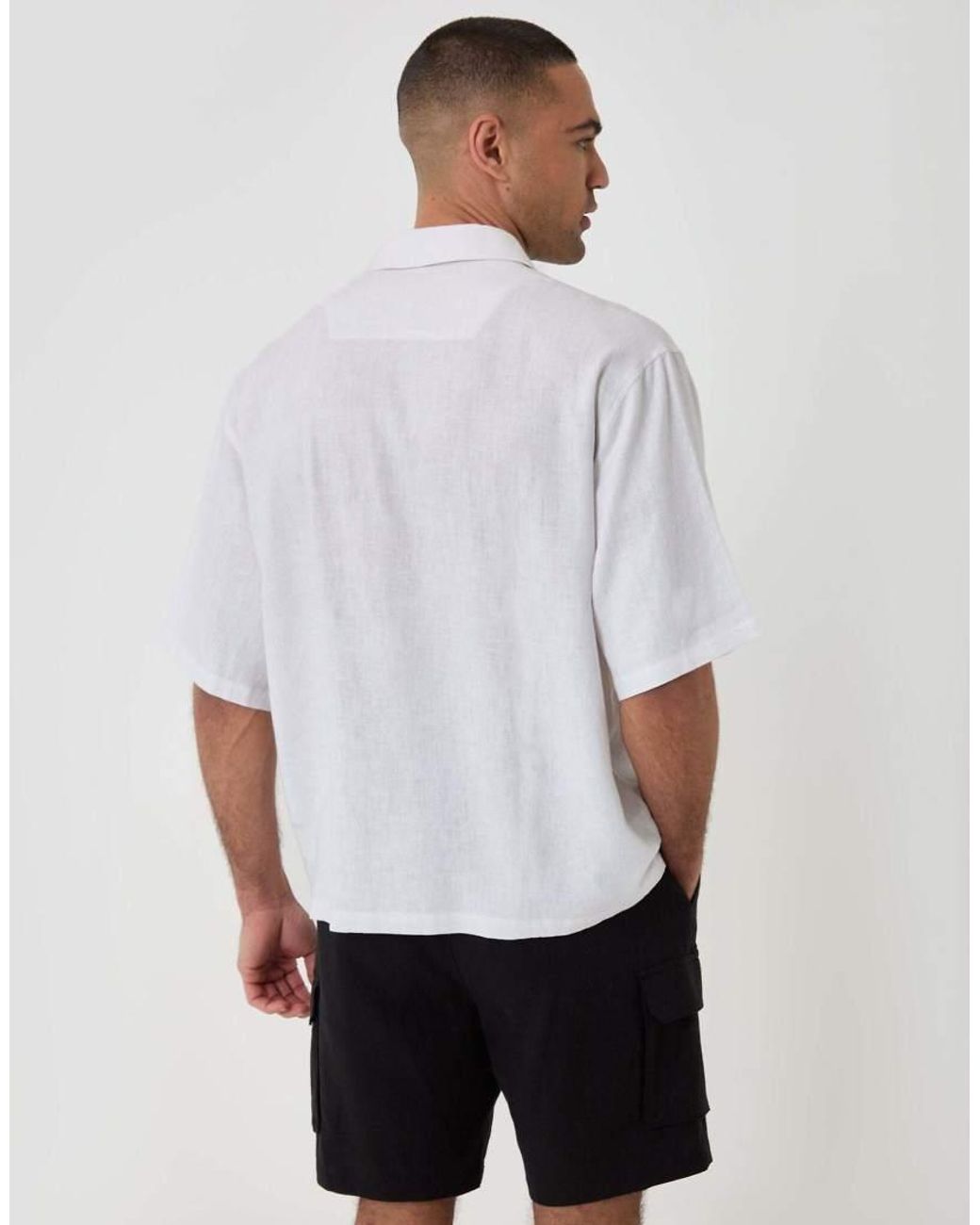 Threadbare White Boxy Fit Linen Blend Short Sleeve Shirt for men