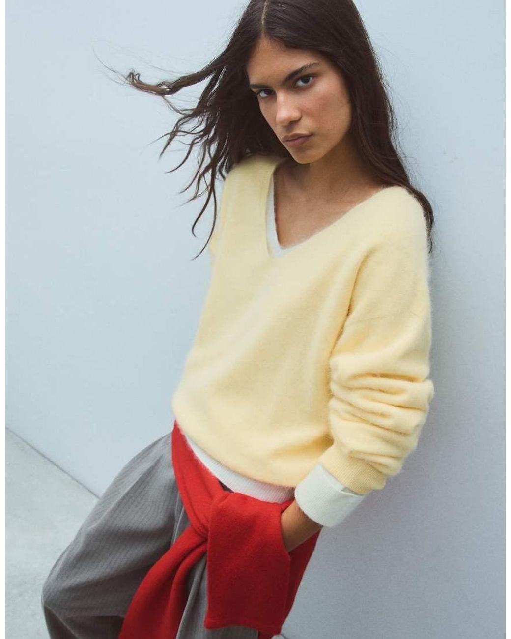 Bershka Yellow 100% Wool V-Neck Jumper