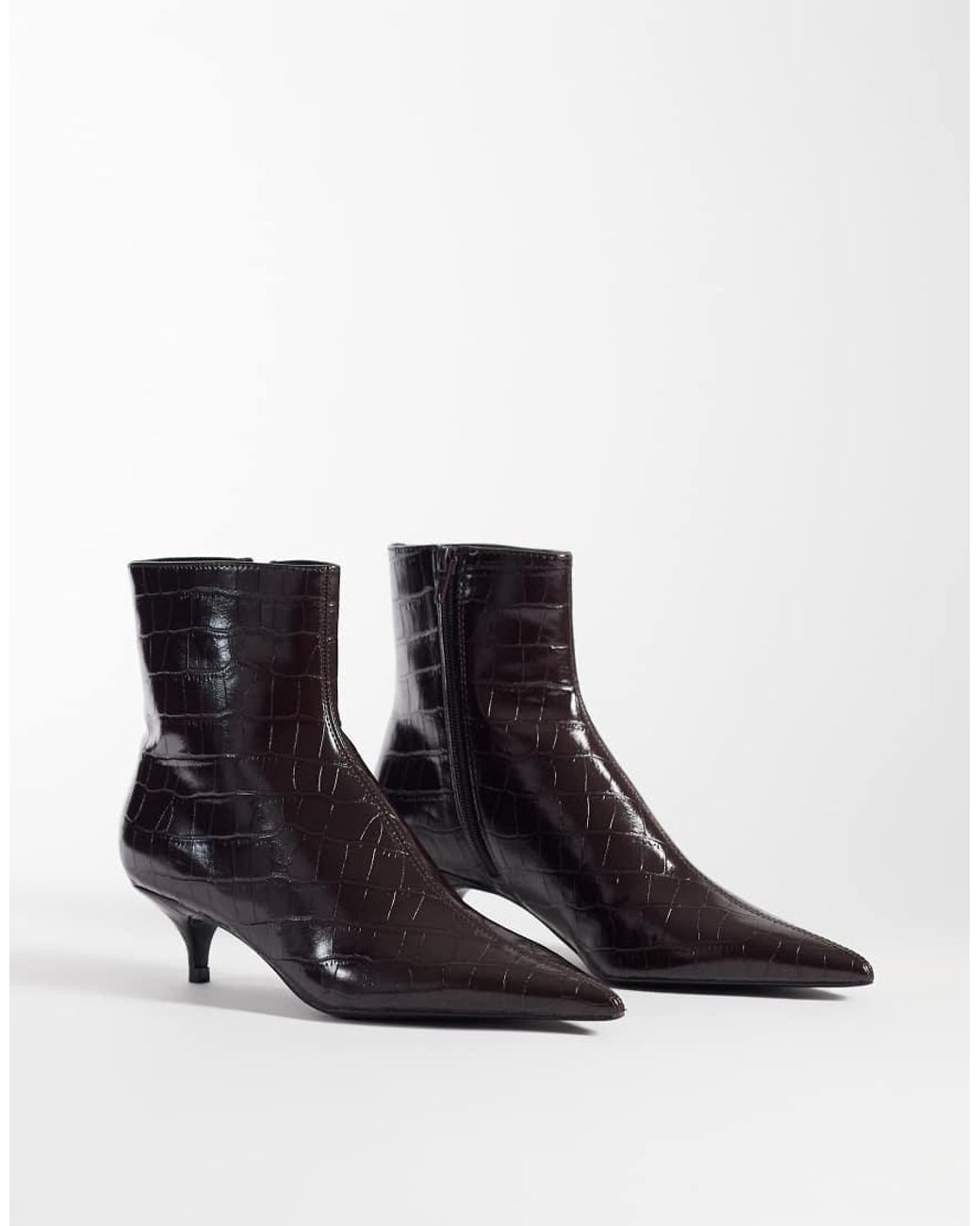 Mango White Faux Leather Croc Look Kitten Heeled Ankle Boot