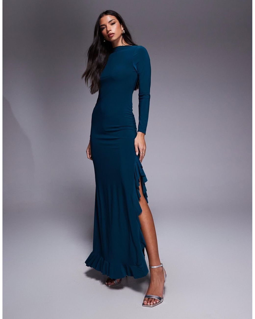 ASOS Long Sleeve Frill Detail A Line Maxi Dress in Blue | Lyst ASOS Long Sleeve Frill Detail A Line Maxi Dress in Blue | Lyst