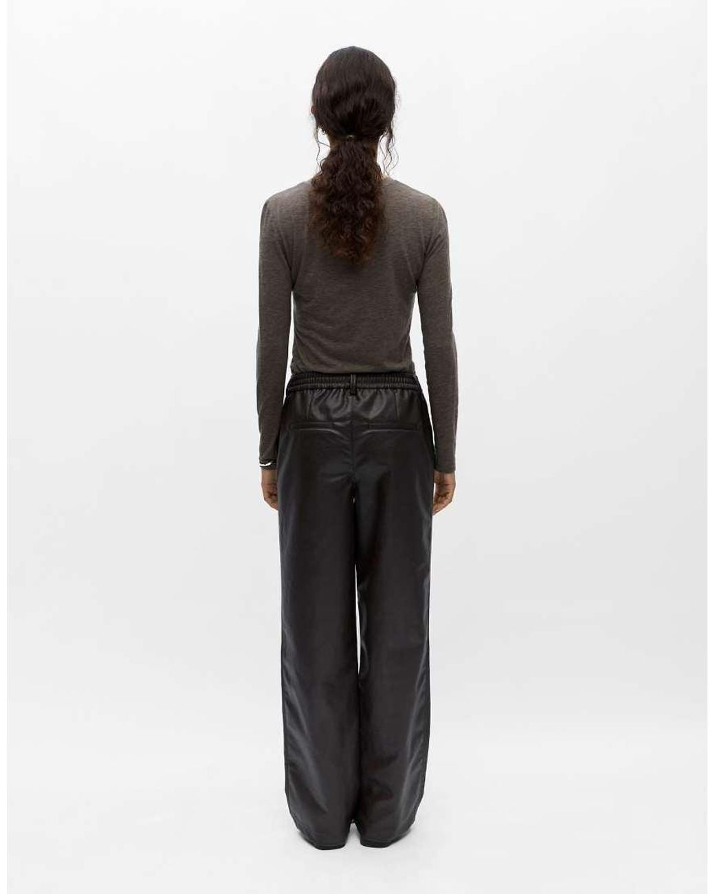 Object Black Liva Faux Leather Mid Waist Wide Leg Trousers