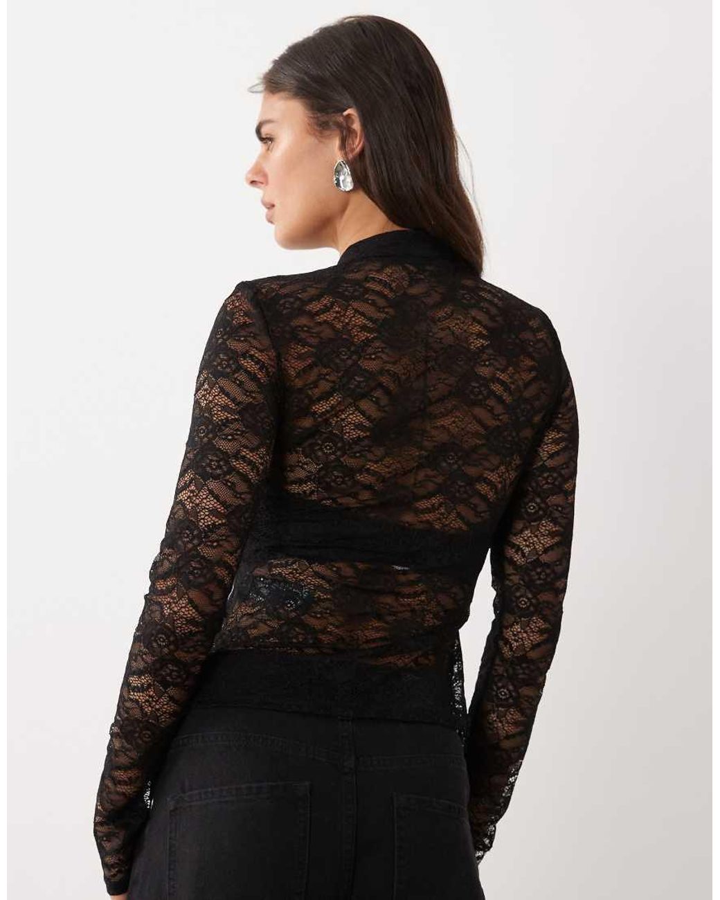 ASOS Black Long Sleeve Mandarin Collar Lace Top