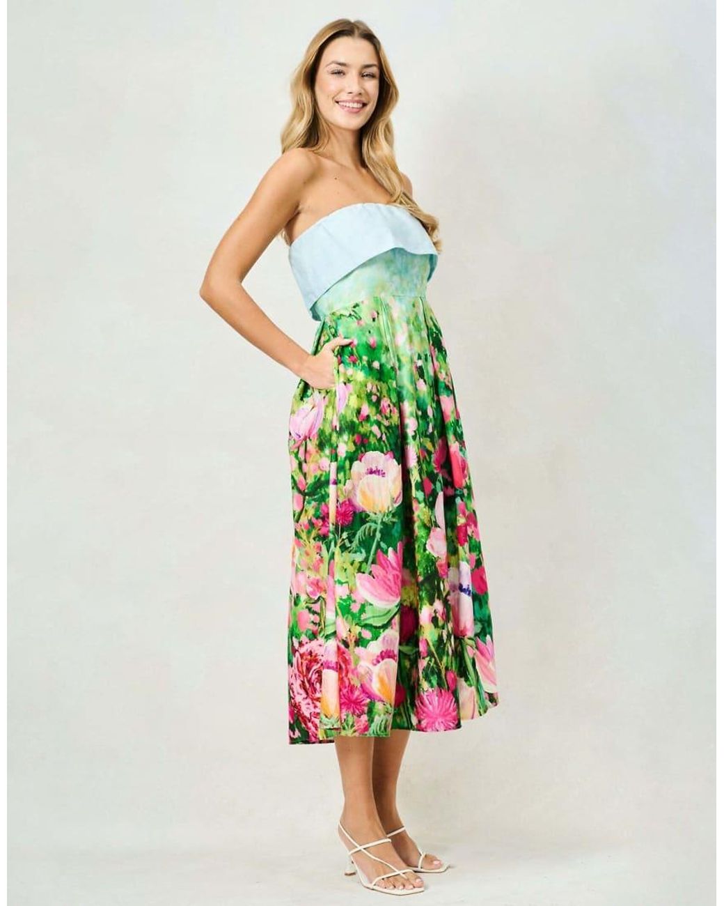 Hope & Ivy Green The Bloom Printed Bandeau Midi Dress