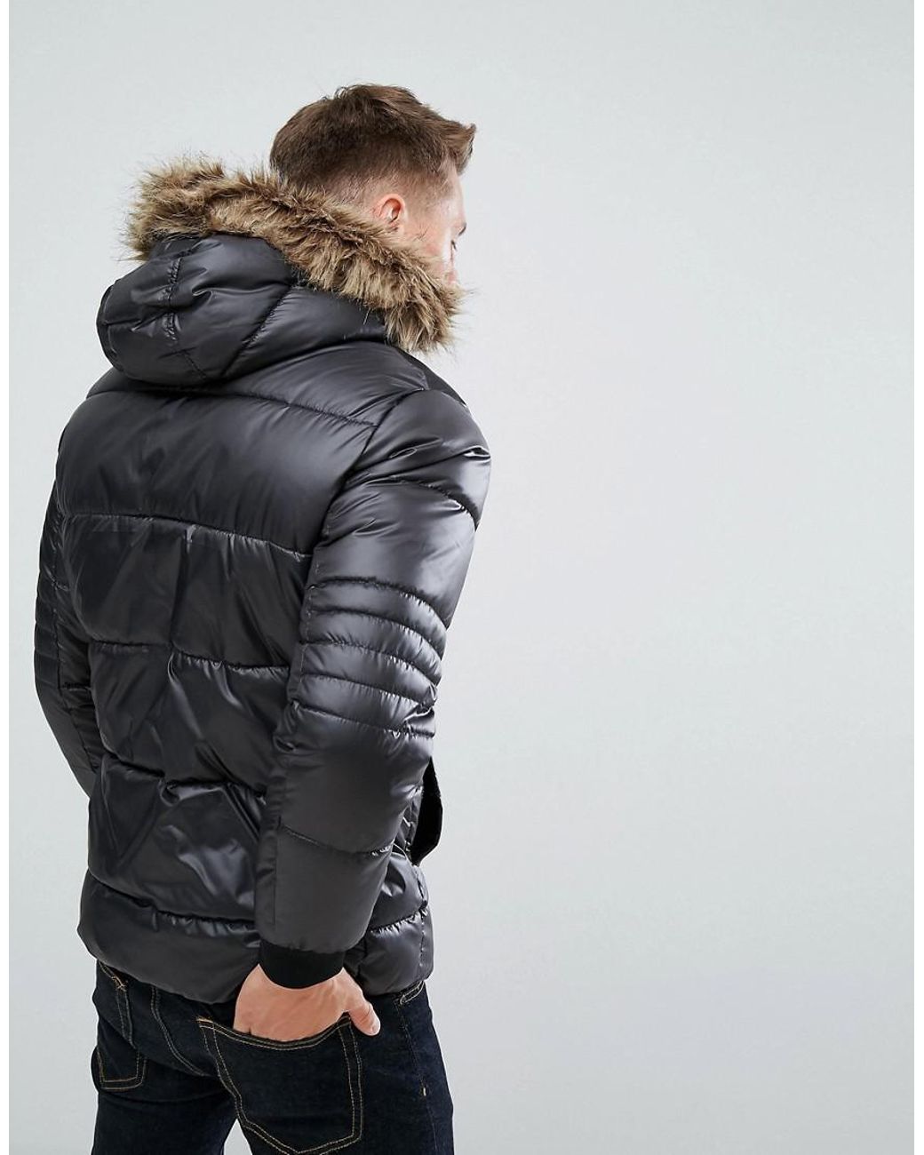 Jack & Jones Core Puffer Jacket With Faux Fur Hood in Black for Men | Lyst