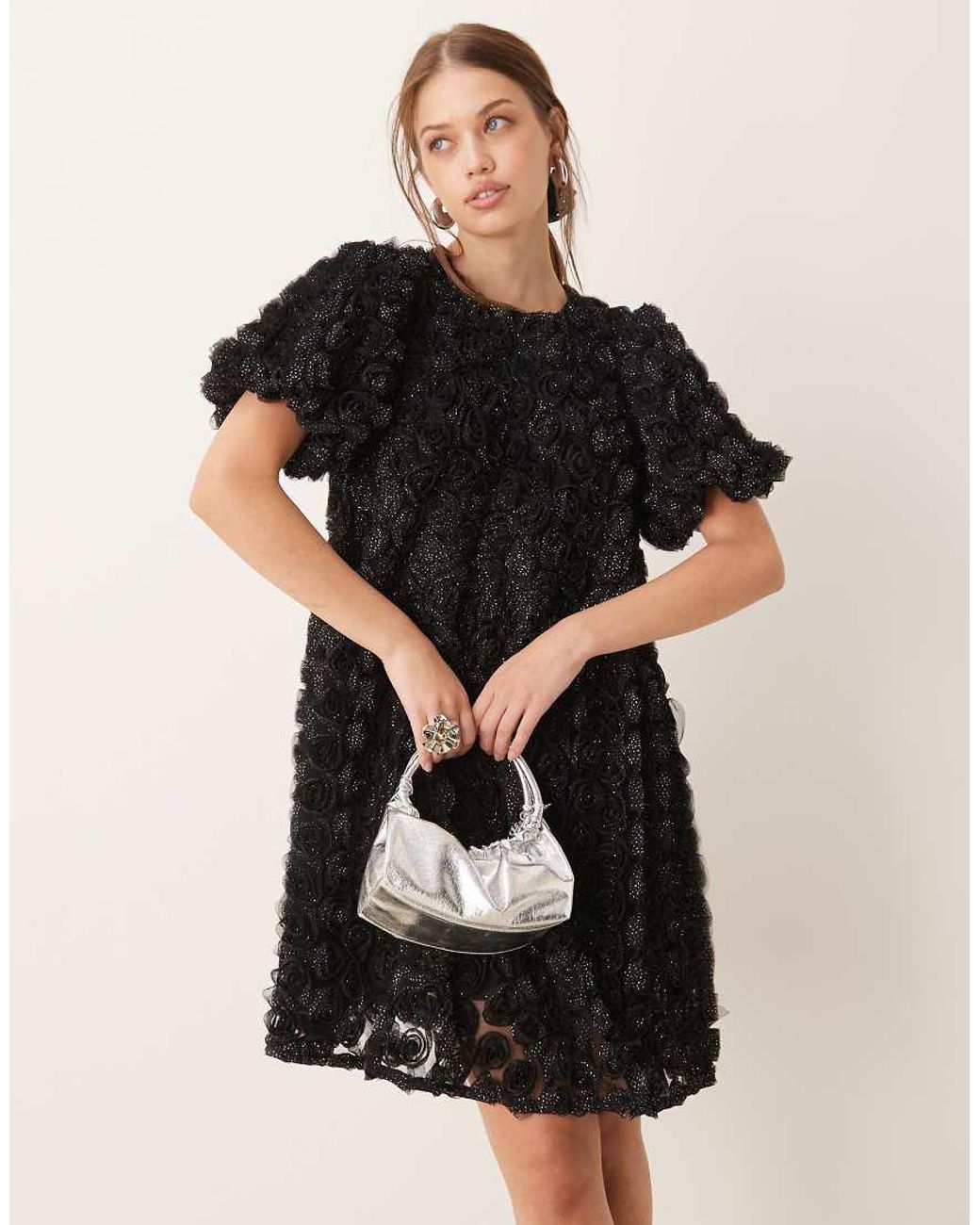 Y.A.S Black 3d Textured Rose Mini Smock Dress