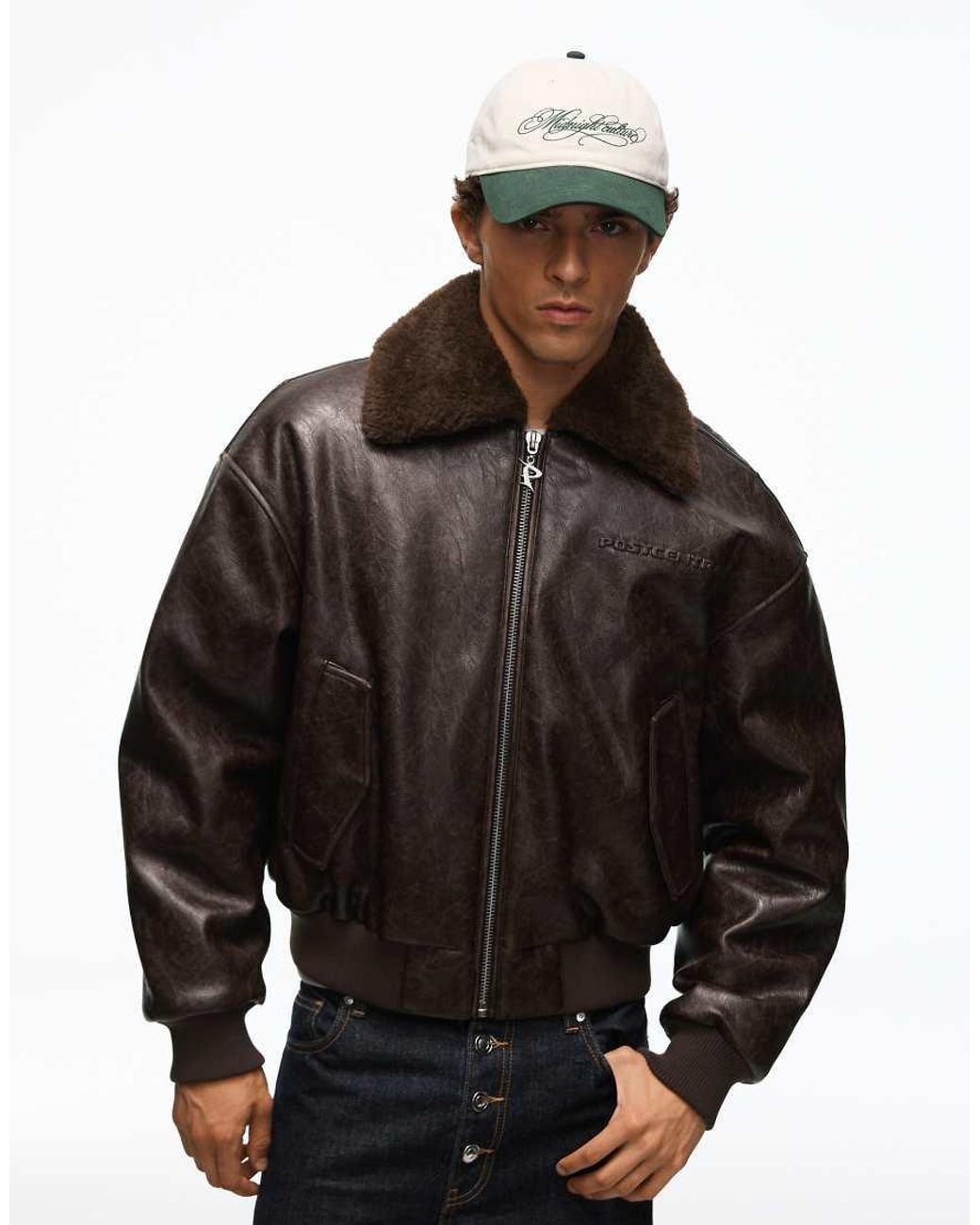 Bershka Black Leather Effect Bomber Jacket With Fur Collar for men
