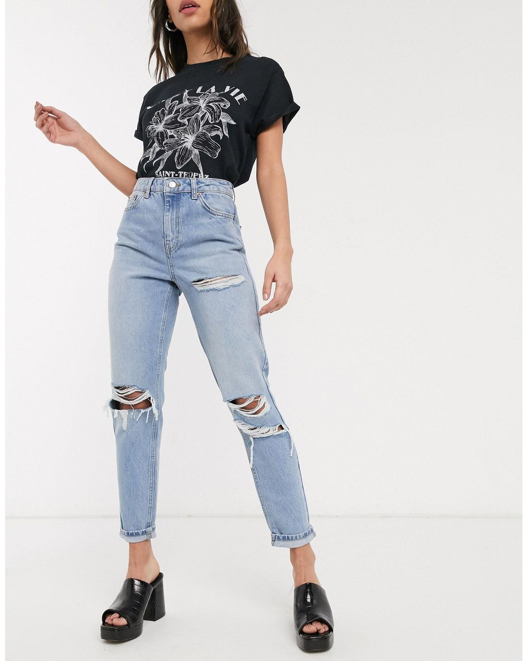 TOPSHOP Mom Jeans With Super Rips in Blue | Lyst Australia