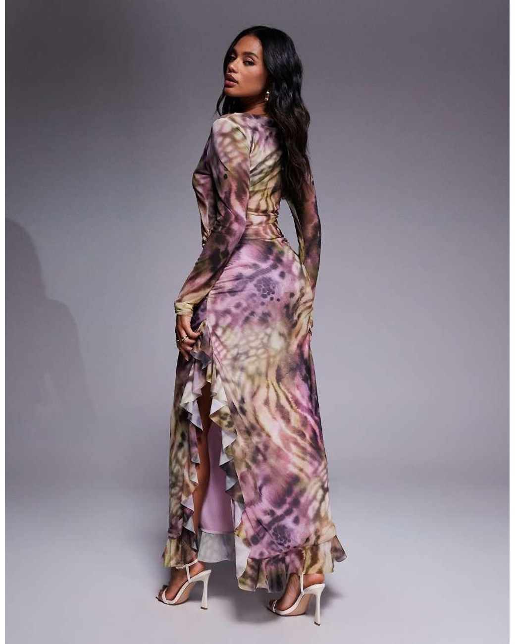 ASOS Purple Mesh Long Sleeve Frill Detail A Line Maxi Dress