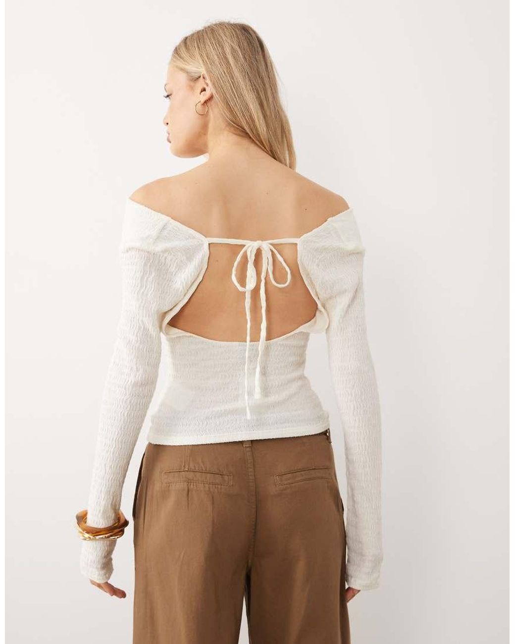 Gina Tricot Natural Long Sleeve Drapey Open Back Top