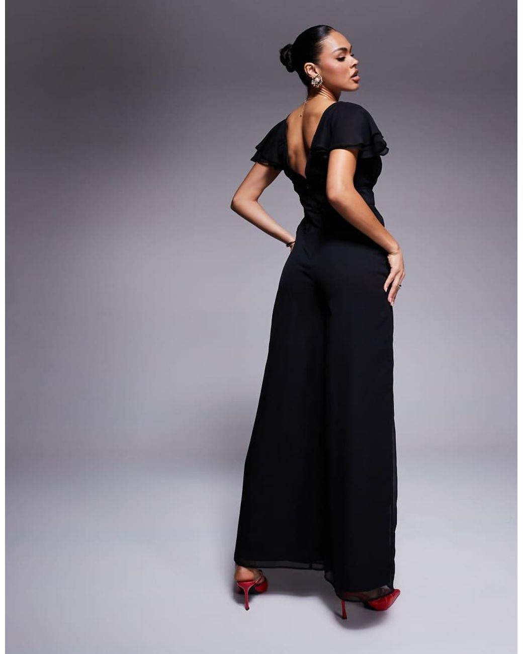 ASOS Blue Flutter Sleeve Ruched Wide Leg Jumpsuit