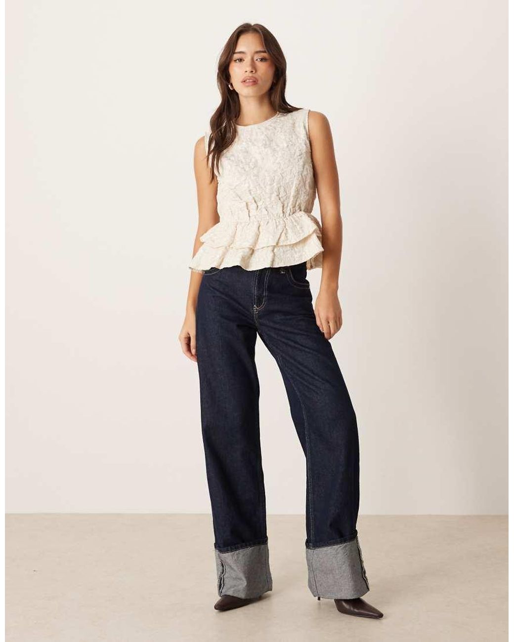 Vila Natural Sleeveless Jacquard Peplum Top
