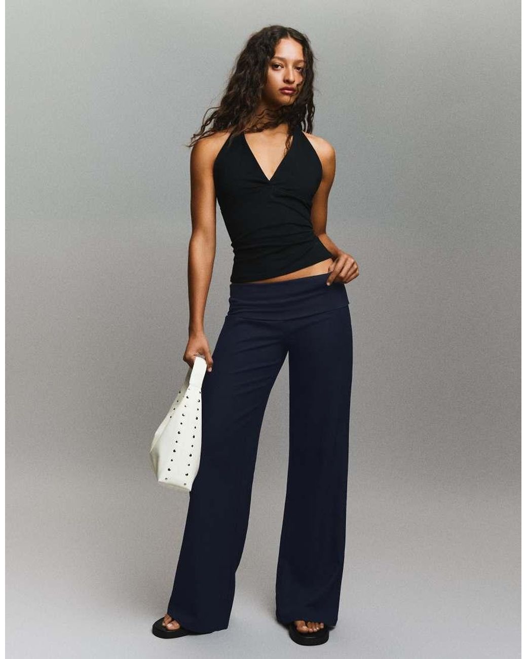 Bershka Blue Turn-up Waist Trousers