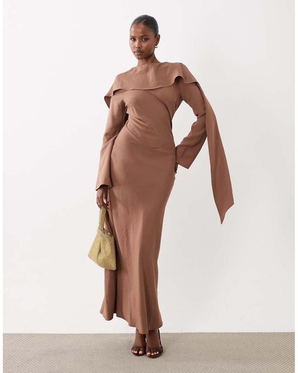 ASOS Brown Maxi Dress With Cape Scarf Detail