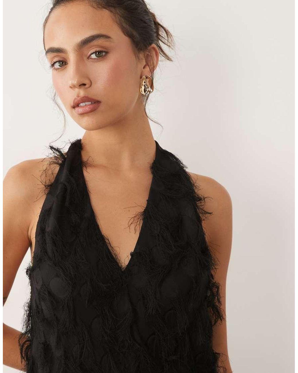 ASOS Black Textured Fringe Plunge Backless Halter Maxi Dress