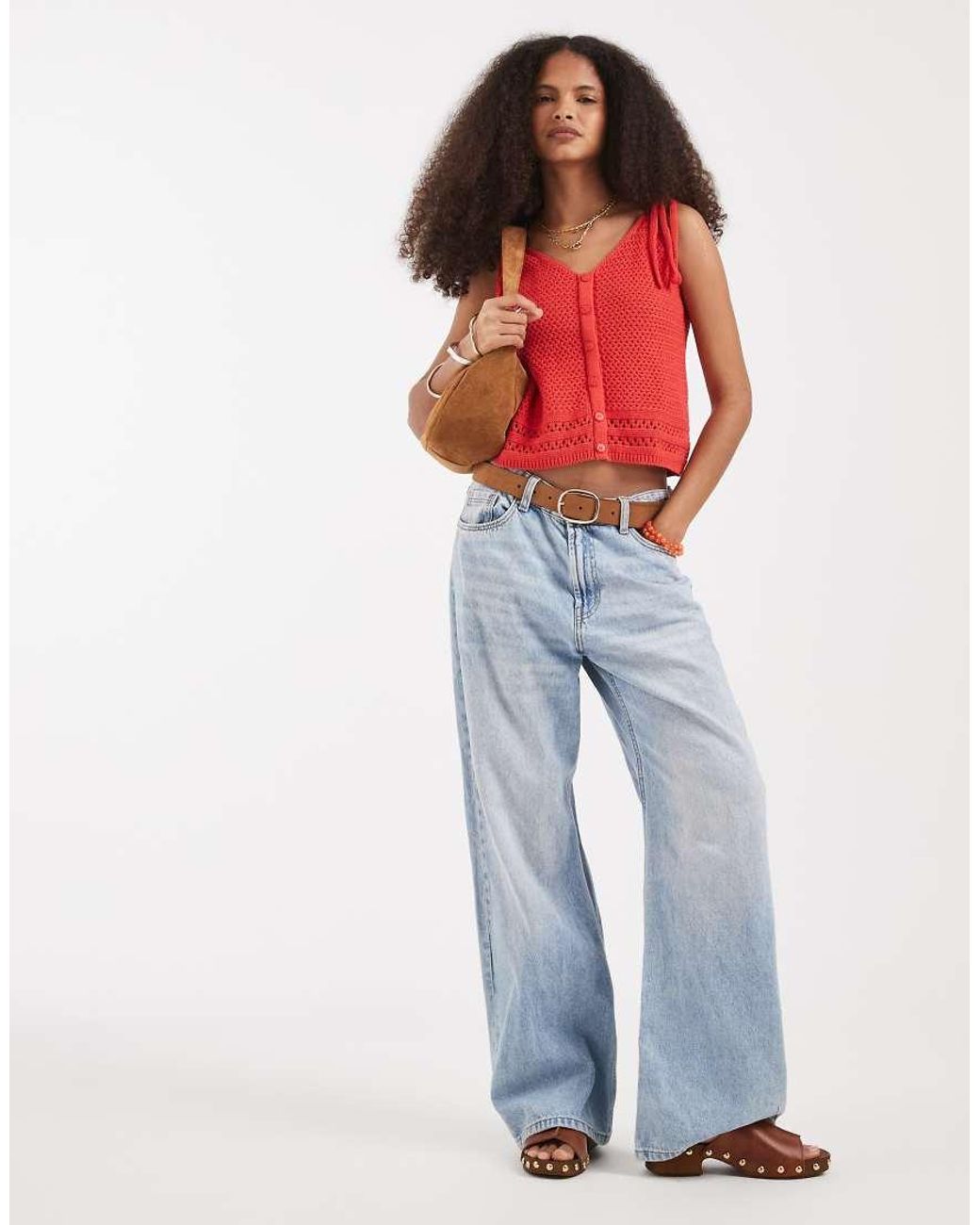 Vero Moda Red Crochet Button Front Cami Top With Tie Strap Detail