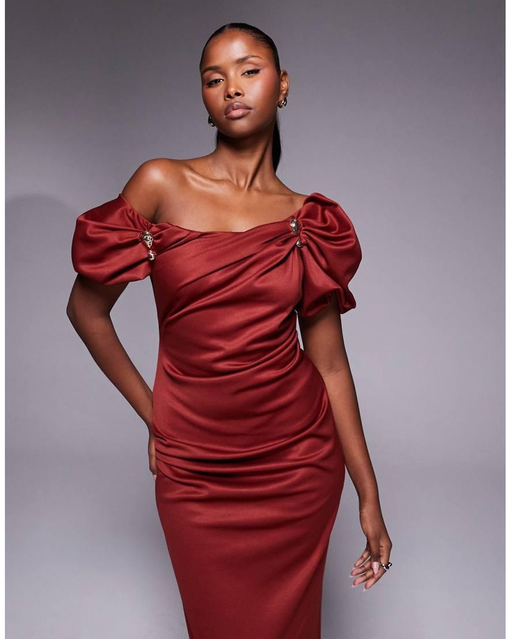 ASOS Trim Detail Fallen Shoulder Puff Sleeve Structured Midi Dress