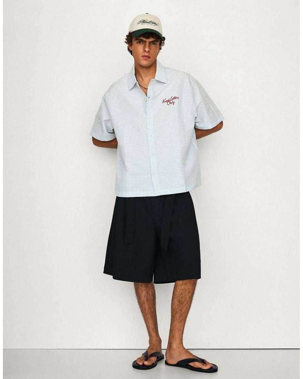 Bershka White Boxy Embroidered Short Sleeve Shirt for men