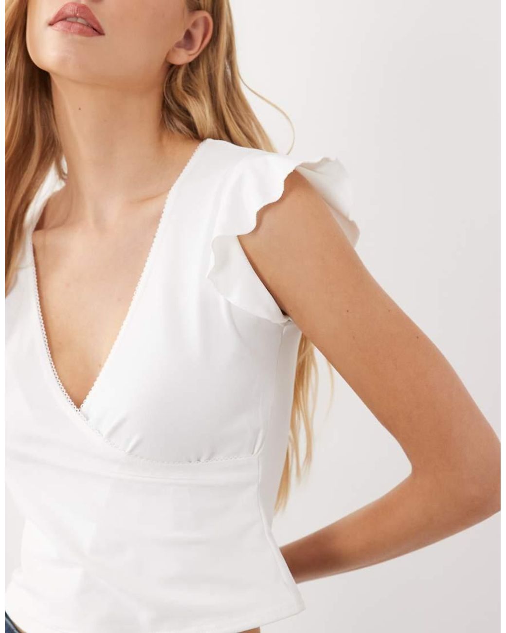 Miss Selfridge Blue Top With Angel Sleeves And Lace Trim