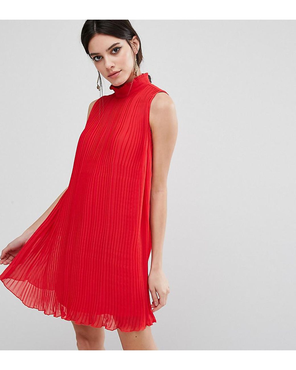 ASOS Sleeveless High Neck Pleated Swing Dress in Red | Lyst