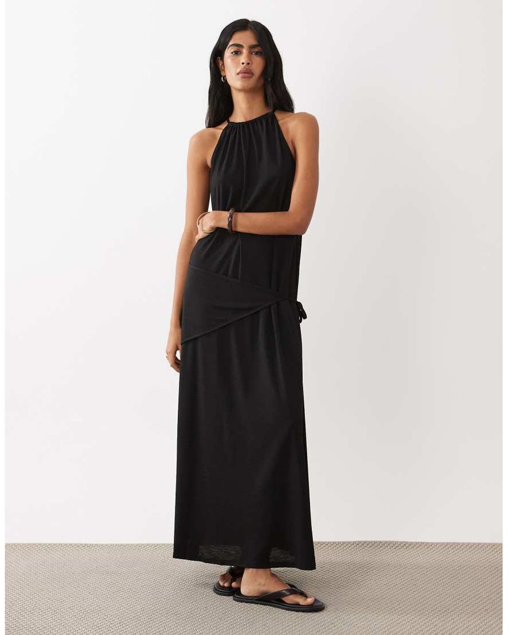 ASOS Black Textured Jersey Wrap Scarf Detail Maxi Dress