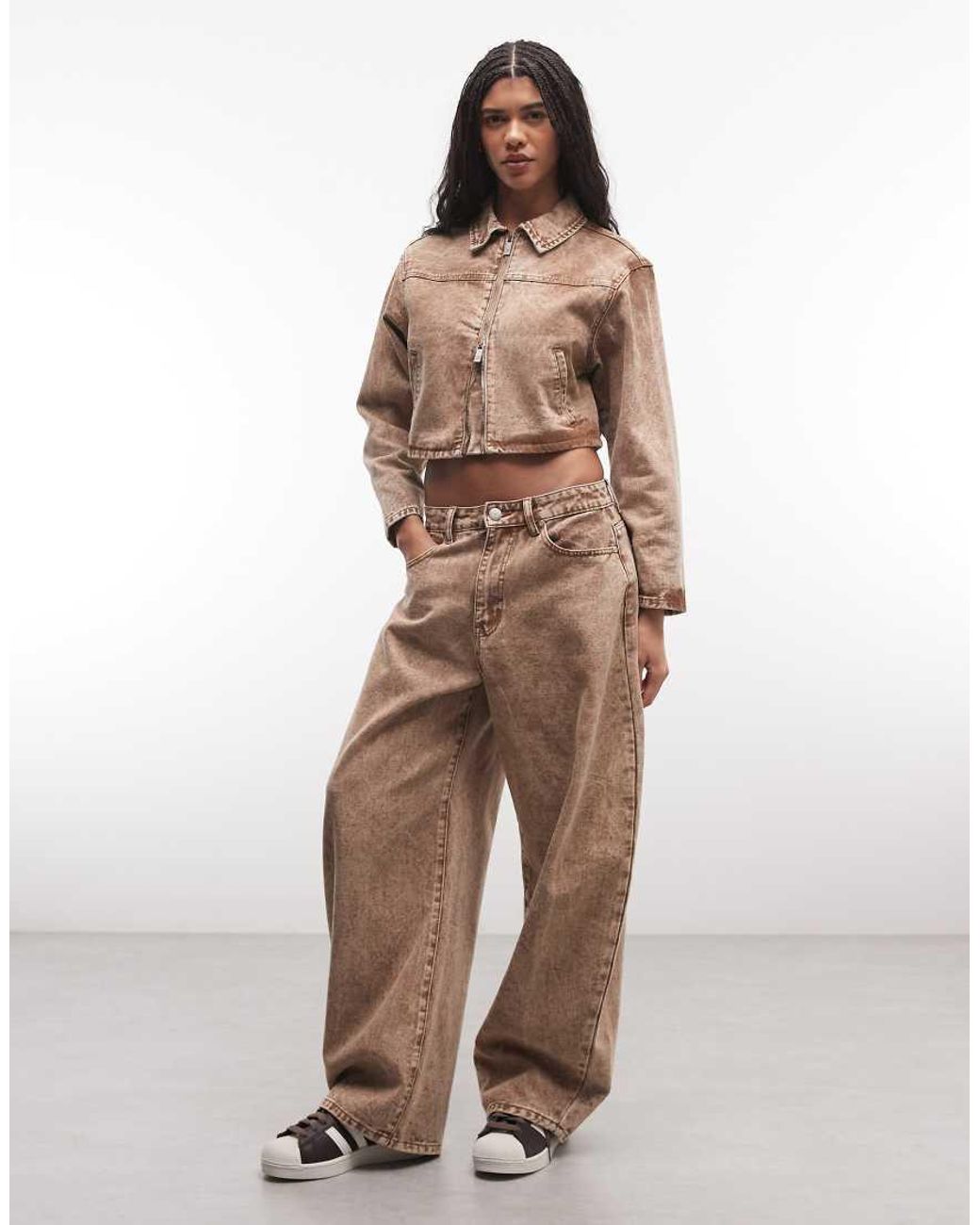 Liquor N Poker Brown Boxy Double Zip Denim Jacket Co-Ord
